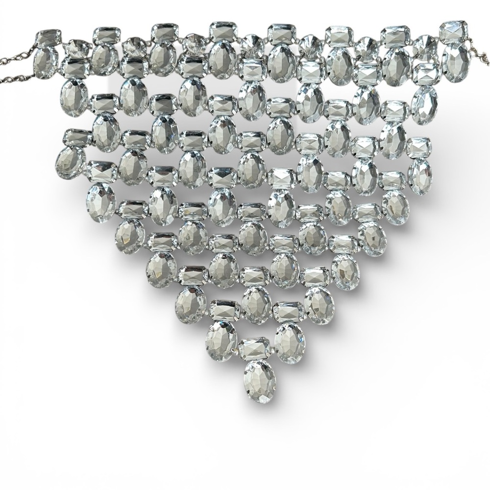 Glam Bold Clear Rhinestone Choker Bib Statement Necklace Silver Tone NWOT - Picture 4 of 10